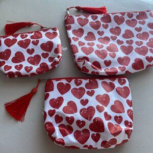 Makeup /Travel Bag with red hearts Set of 3 Travel-Friendly white  Cosmetic Bags